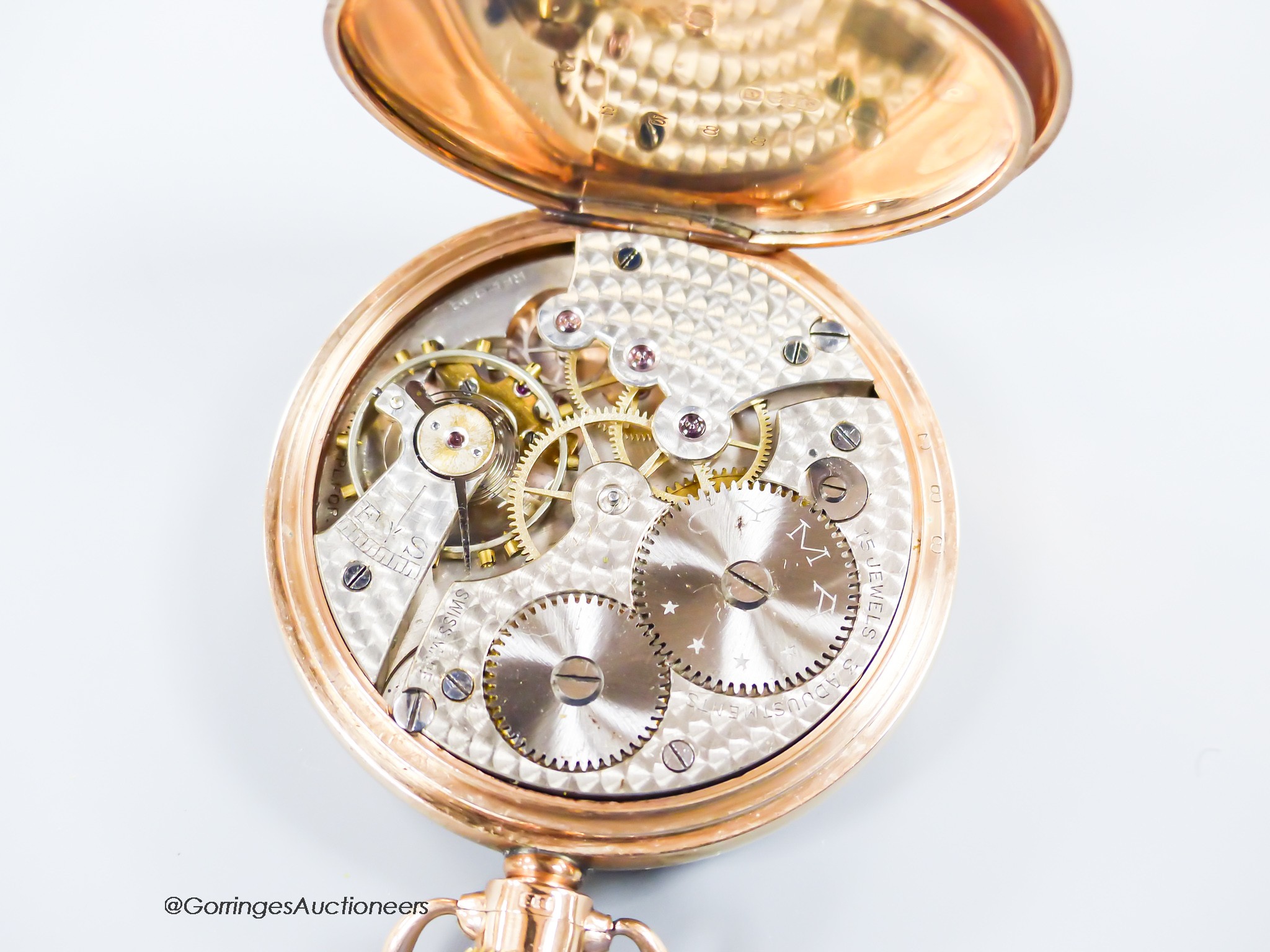 A George V 9ct gold open faced keyless lever pocket watch, case diameter 48mm